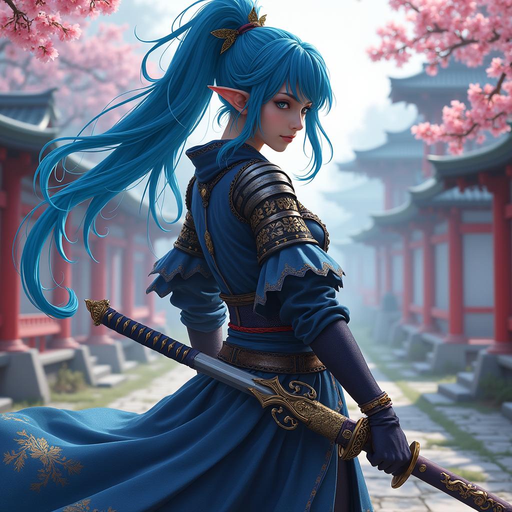An eighteen-year-old female half-elf samurai, distinguished by her vibrant blue hair that flows elegantly down her back