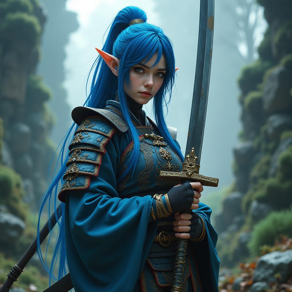 An eighteen-year-old female half-elf samurai, with striking blue hair styled in an elegant fashion, stands boldly with a Nioh-inspired odachi (a large traditional Japanese sword) held confidently in her grip