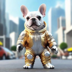 A 3D image of a cheerful French Bulldog, decked out in a silver and gold astronaut suit, standing at the heart of a bustling Tokyo cityscape.