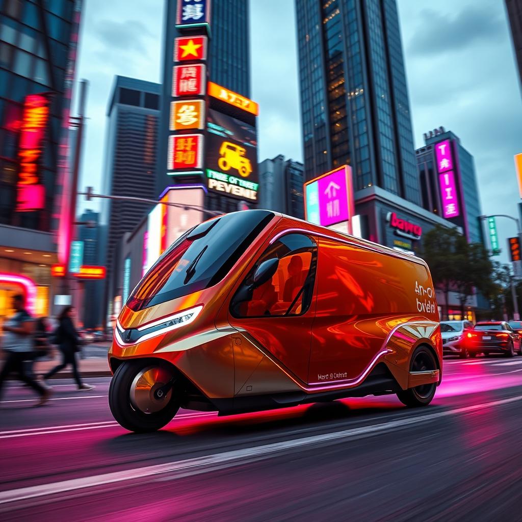 A vibrant, futuristic delivery vehicle speeding down a sleek city street at dusk, illuminated by neon lights