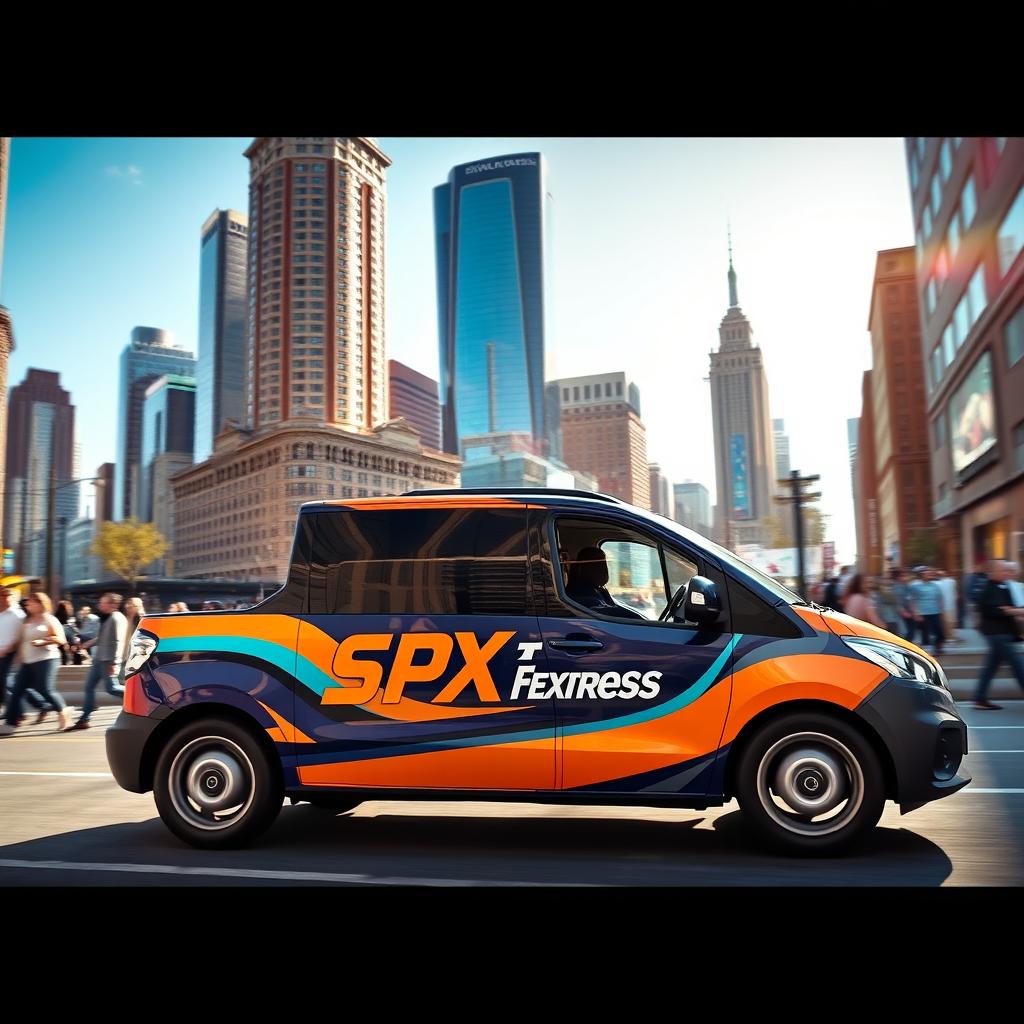 A sleek, modern delivery vehicle branded with 'SPX Express' on the side, driving through a vibrant cityscape
