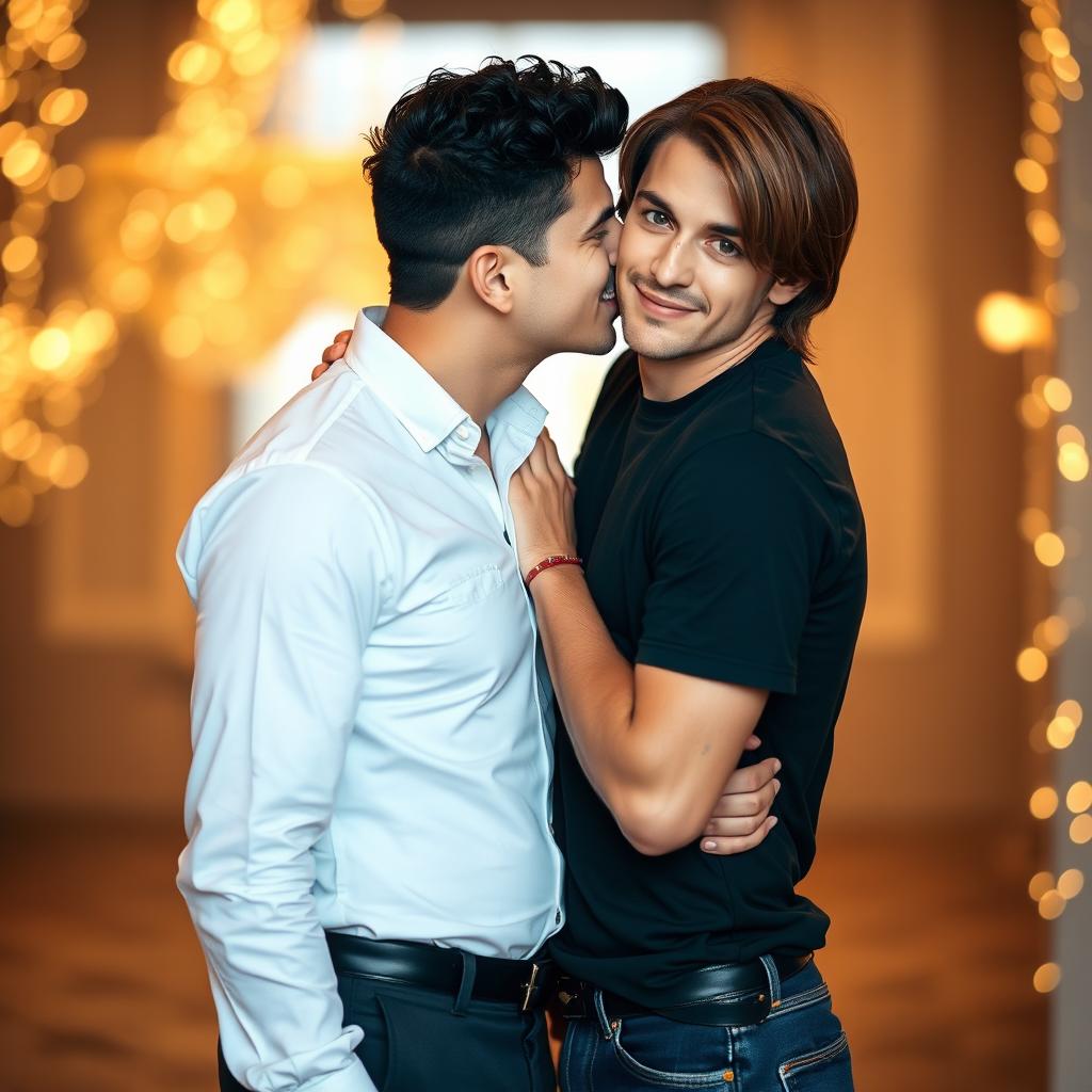 A romantic portrait capturing a beautiful moment between two men kissing in an elegant setting