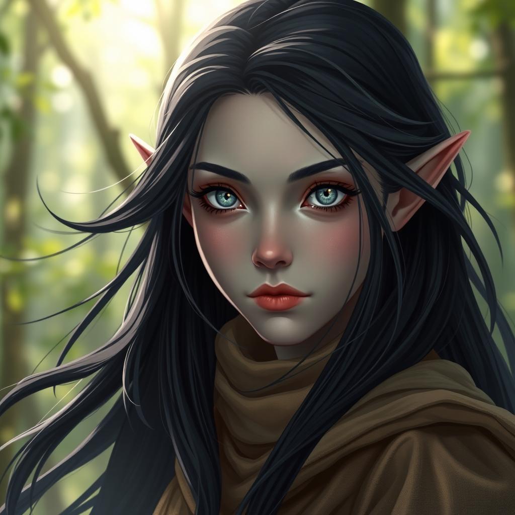 A young and beautiful shadar-kai elf scout rogue, featuring long black hair that flows gracefully, striking light-colored eyes that stand out against her ash grey skin