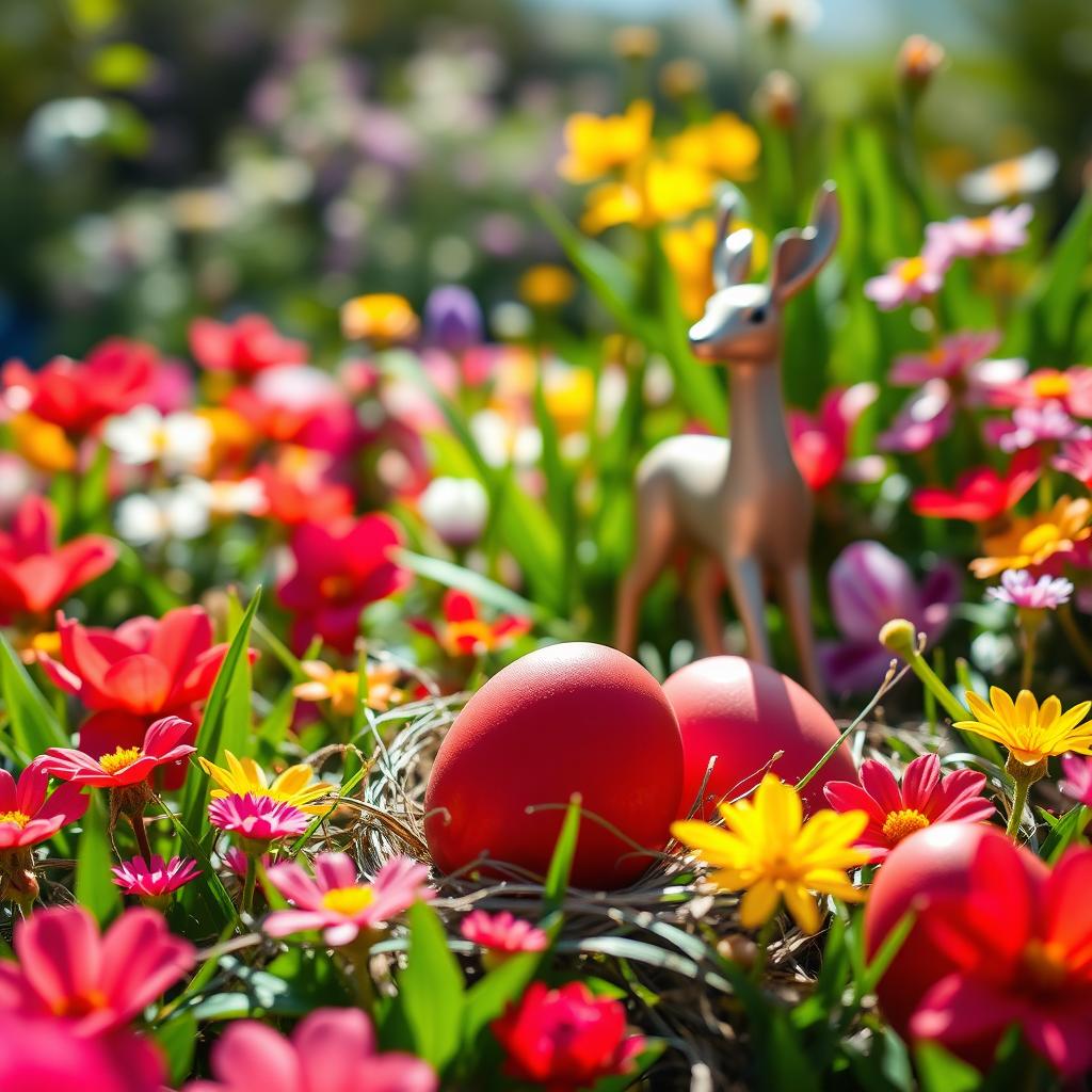 A beautiful Easter garden scene showcasing vibrant red eggs nestled among colorful spring flowers