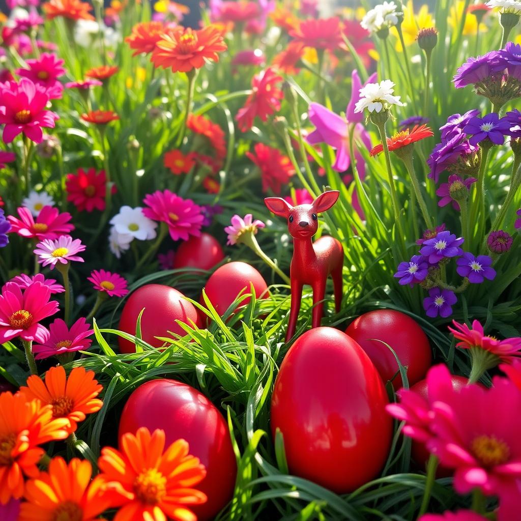 A vibrant Easter scene featuring red eggs nestled among colorful flowers, beautifully arranged in a well-kept garden