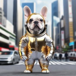 A 3D image of a cheerful French Bulldog, decked out in a silver and gold astronaut suit, standing at the heart of a bustling Tokyo cityscape.