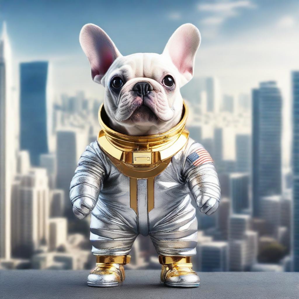 A 3D image of a cheerful French Bulldog, decked out in a silver and gold astronaut suit, standing at the heart of a bustling Tokyo cityscape.