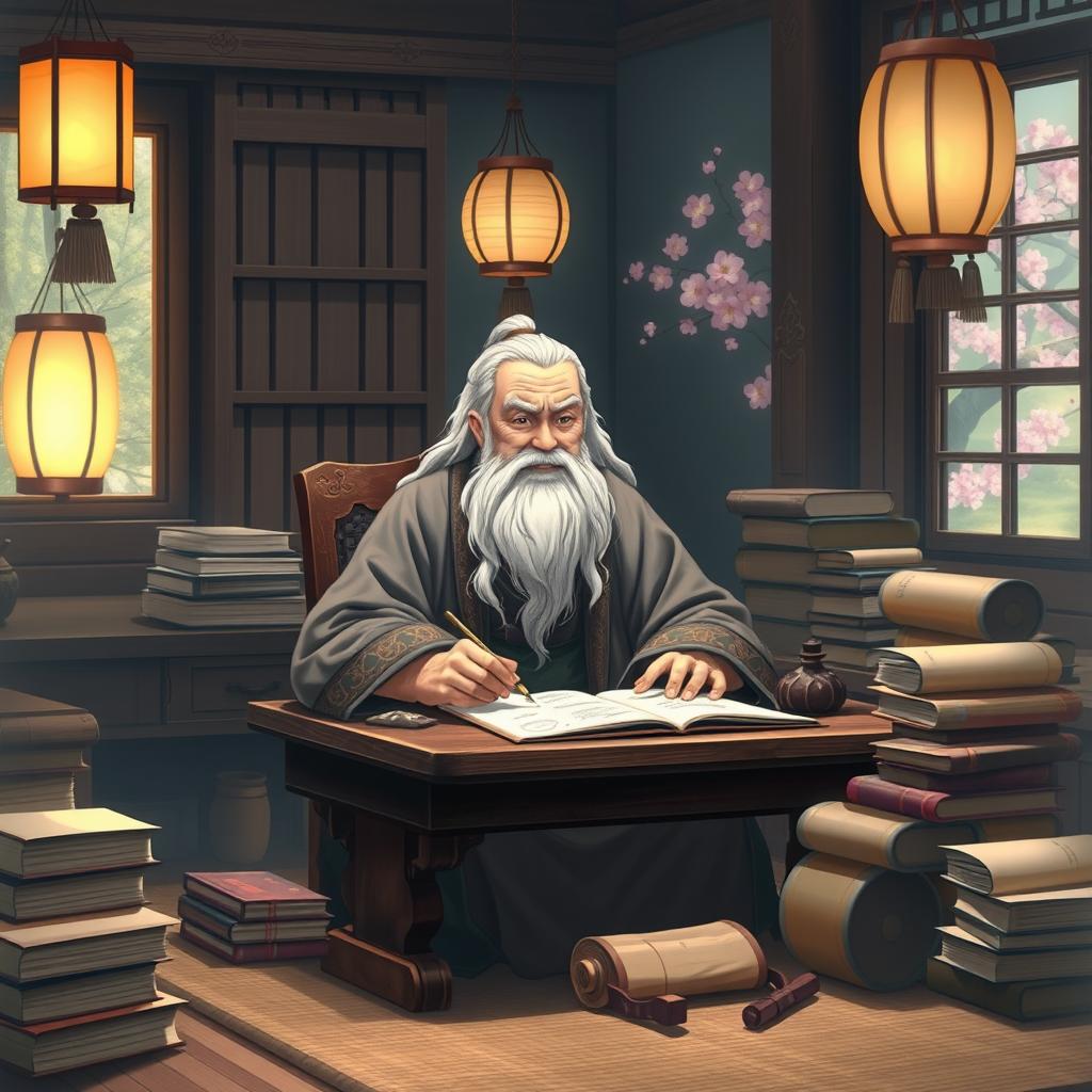A serene and wise eastern old writer, sitting at a traditional wooden desk surrounded by books and scrolls