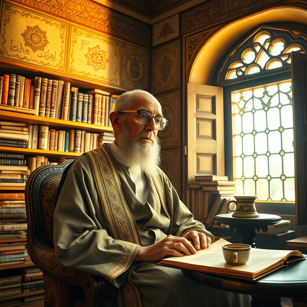 An old writer from the Middle East, sitting in a cozy, sunlit room filled with books
