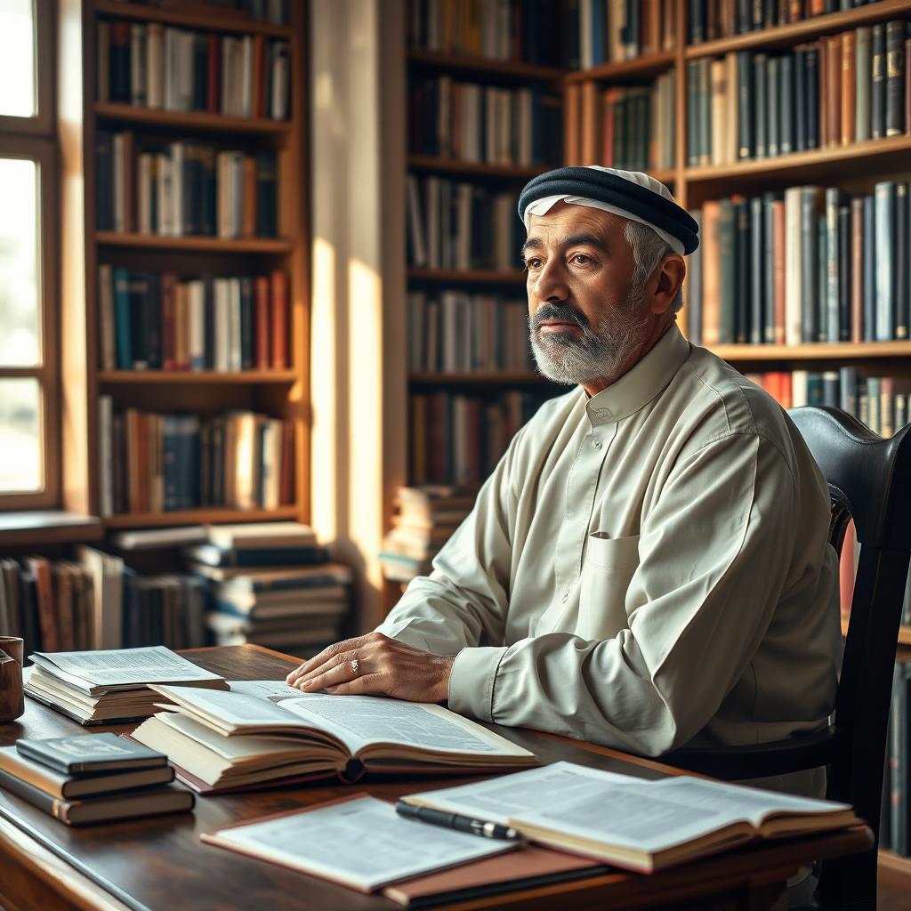 A fair and impartial author from the Middle East, depicted in a serene library setting