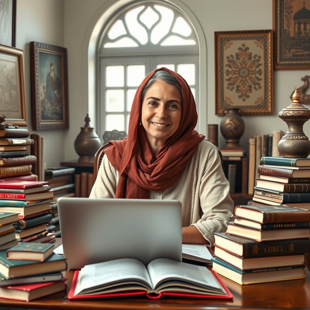 A fair author from the Middle East, depicted in a tranquil study filled with books and cultural artifacts