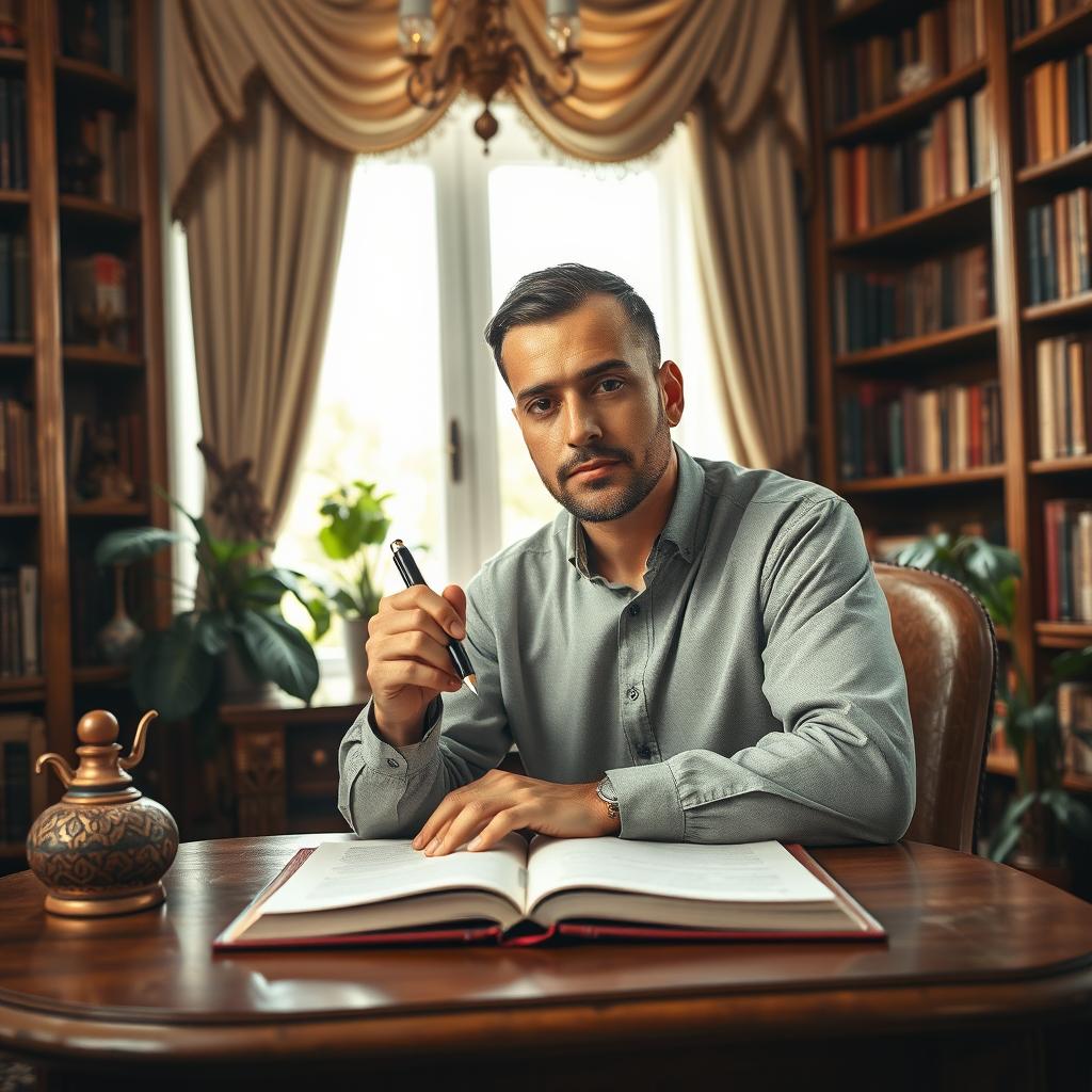 A fair-skinned male author from the Middle East, characterized by a gentle demeanor and wisdom in his eyes