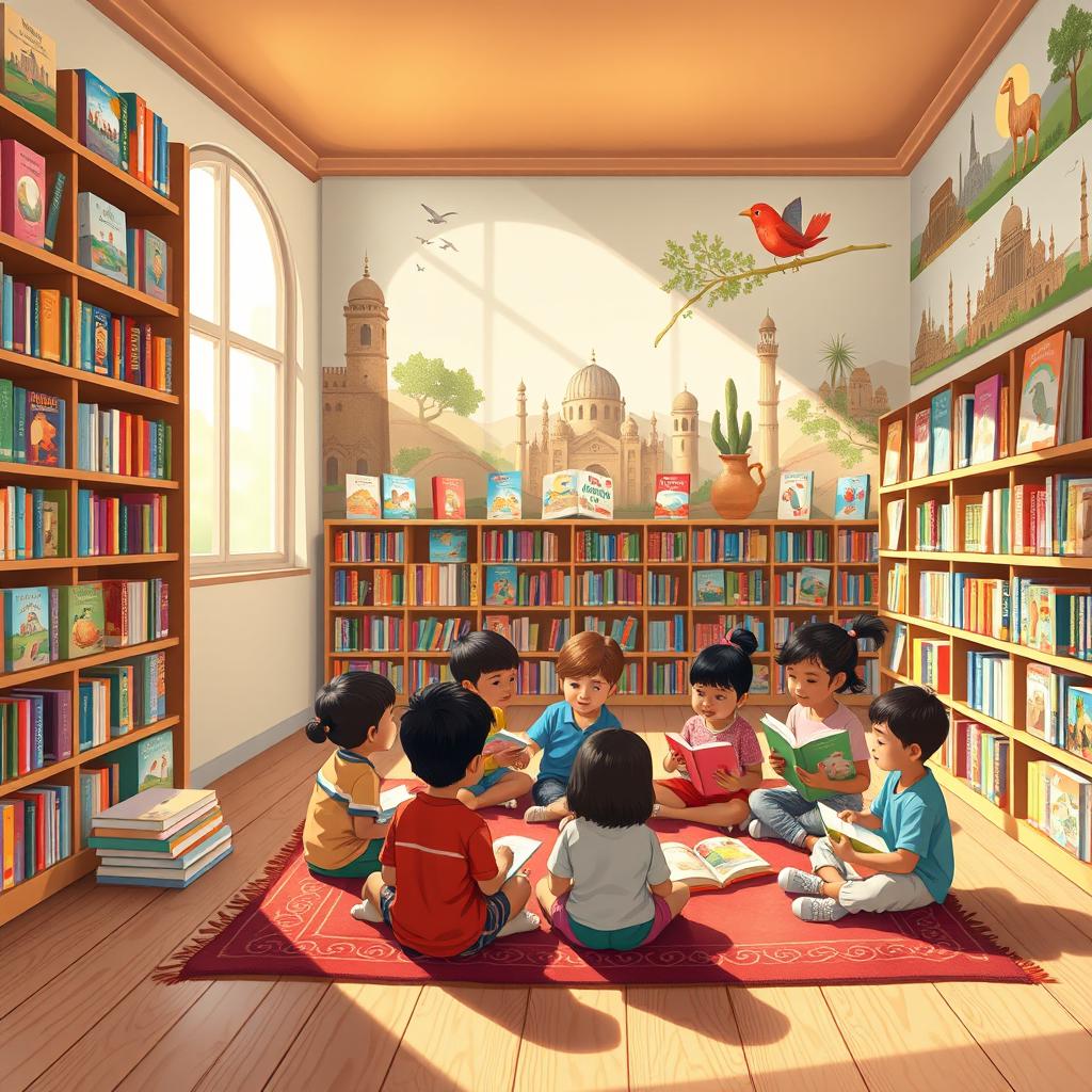 A vibrant illustration showcasing a library filled with colorful children's books authored by Middle Eastern writers