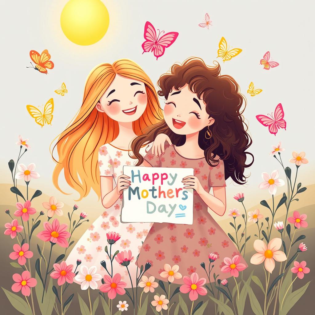 A heartwarming illustration capturing a lovely Mother's Day scene featuring a mother and child sharing a joyous moment together