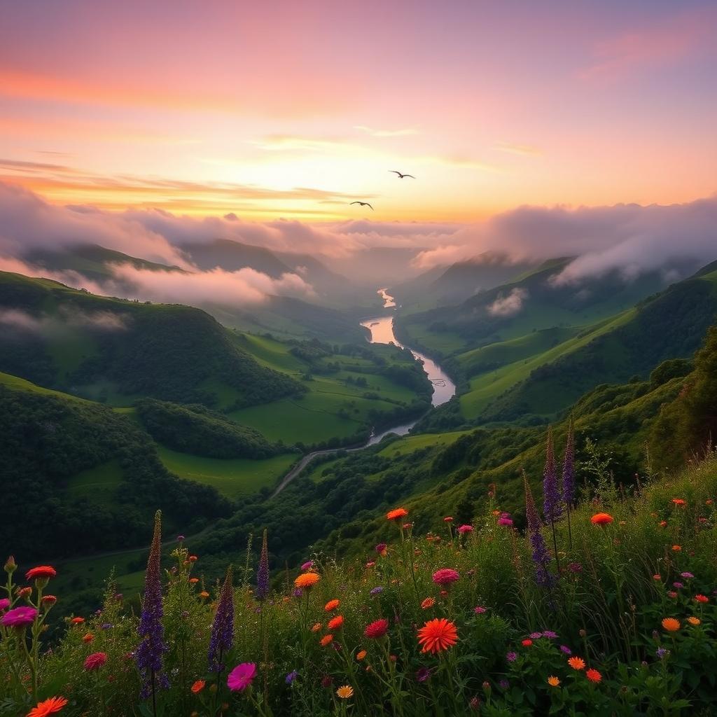 A majestic view of a lush, green valley at sunrise, with mist rolling over the hills