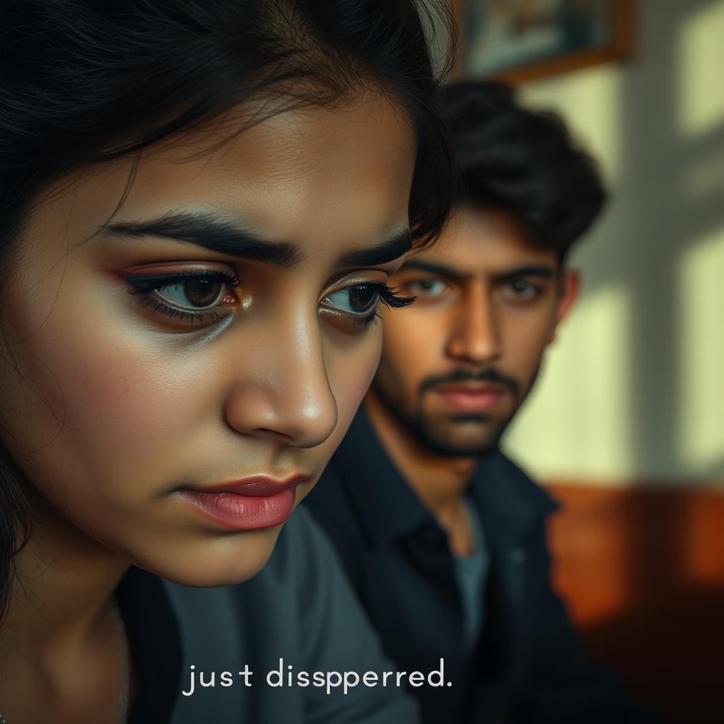 A close-up of a young woman named Sana with teary eyes, expressing emotional pain as she says, “You just disappeared?” In the background, a young man named Aarav looks down with a face full of regret and sorrow