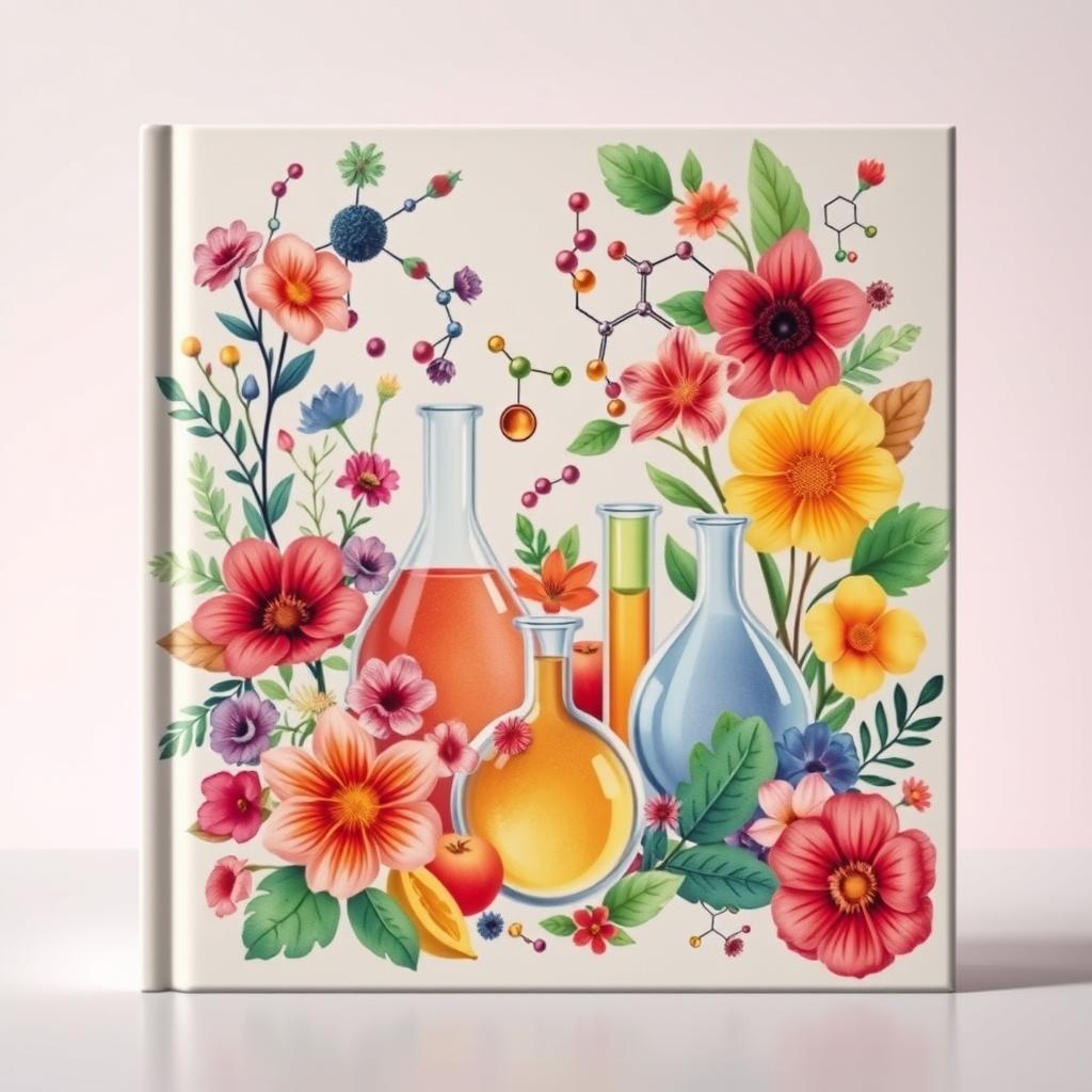 A captivating and artistic cover design for a cosmetics brand that beautifully merges the elements of chemistry and nature