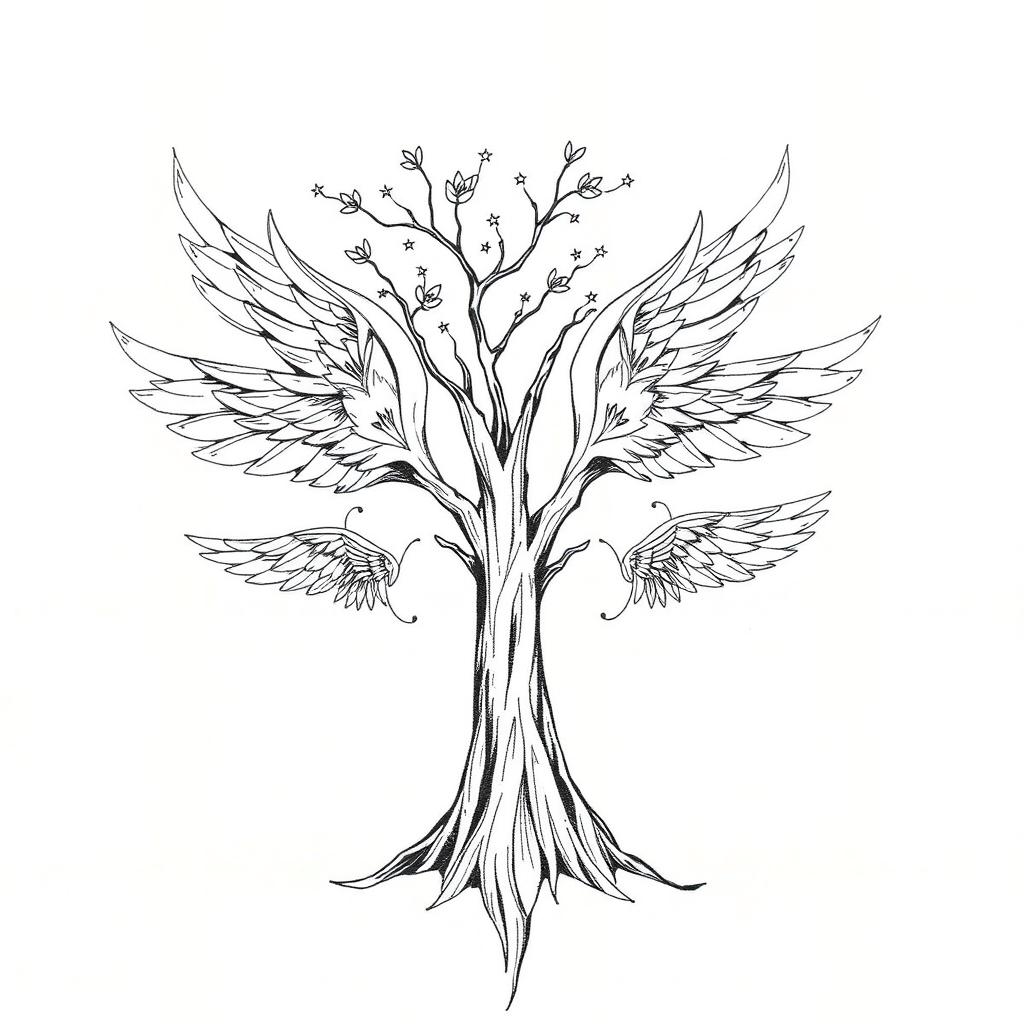 A tattoo sketch concept of a family tree with wings