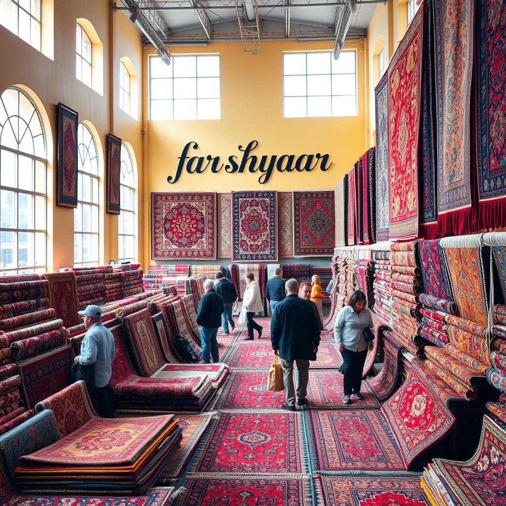 A spacious and vibrant carpet shop filled with an array of colorful carpets and rugs displayed prominently