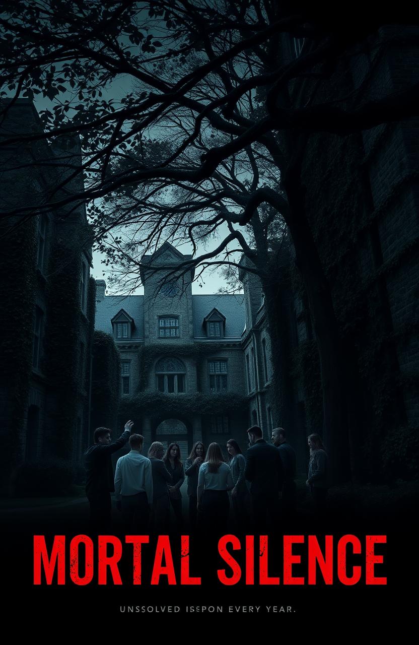 A dark and gripping thriller scene set on a university campus shrouded in mystery and suspense