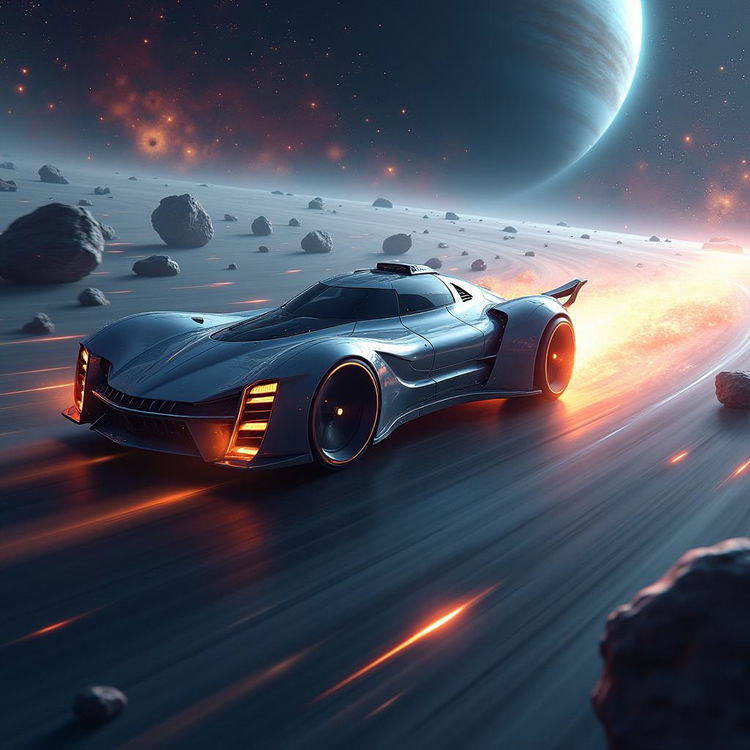 A futuristic flying car zooming through the vastness of space, surrounded by stars and colorful nebulae