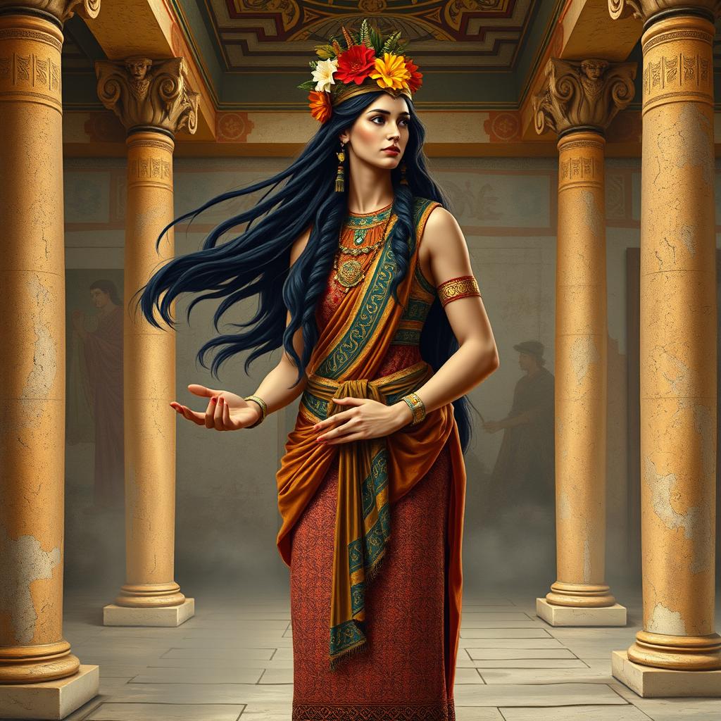 An artistic representation of a Minoan priestess from Knossos, showcasing her in traditional attire with intricate patterns and bright colors