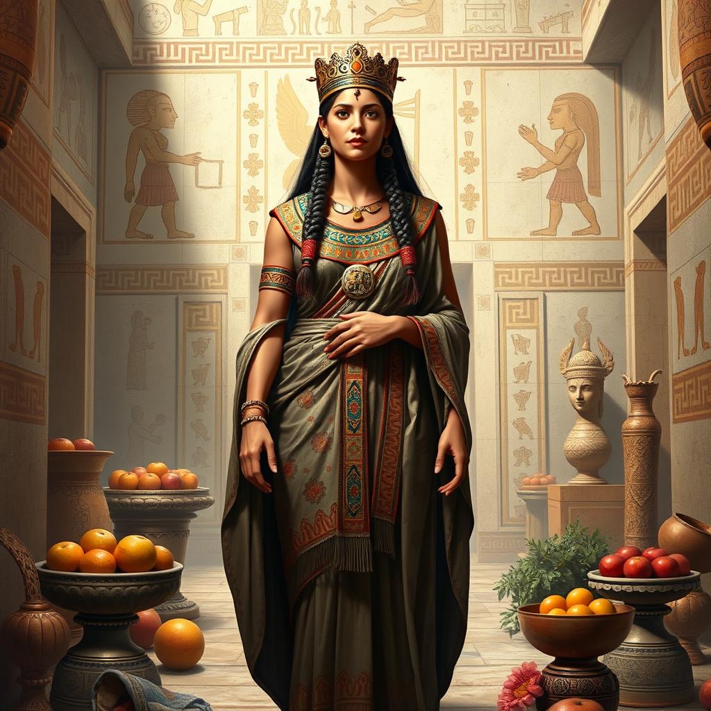 An artistic depiction of a Minoan priestess from Knossos, capturing her role within the mythological context of Minoan religion