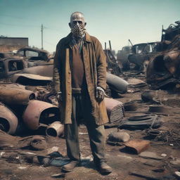 An aged junkyard worker clothed in heavily-worn and stained attire, standing amidst a cluttered and decayed junkyard, with elements that trigger trypophobia like patterns in rusted holes or deteriorating materials.