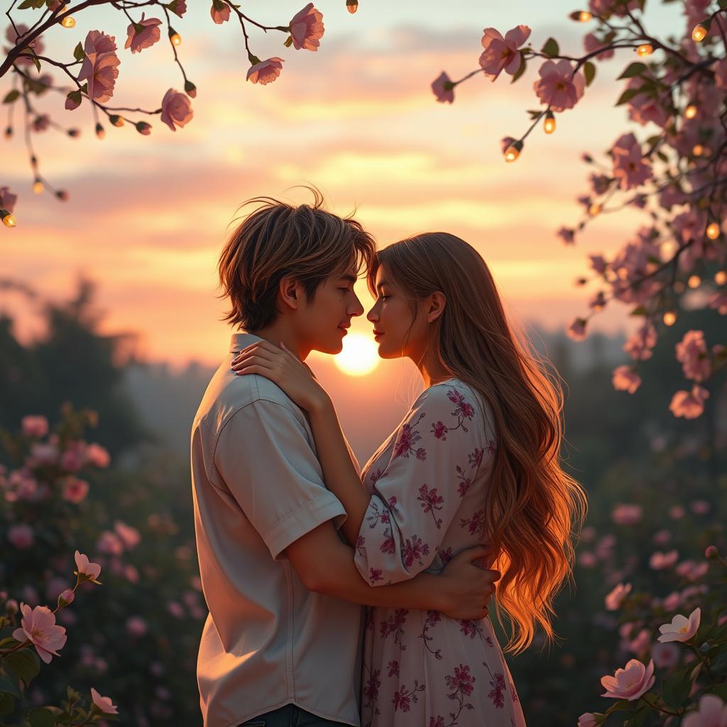 A romantic embrace between a couple under soft, warm lighting