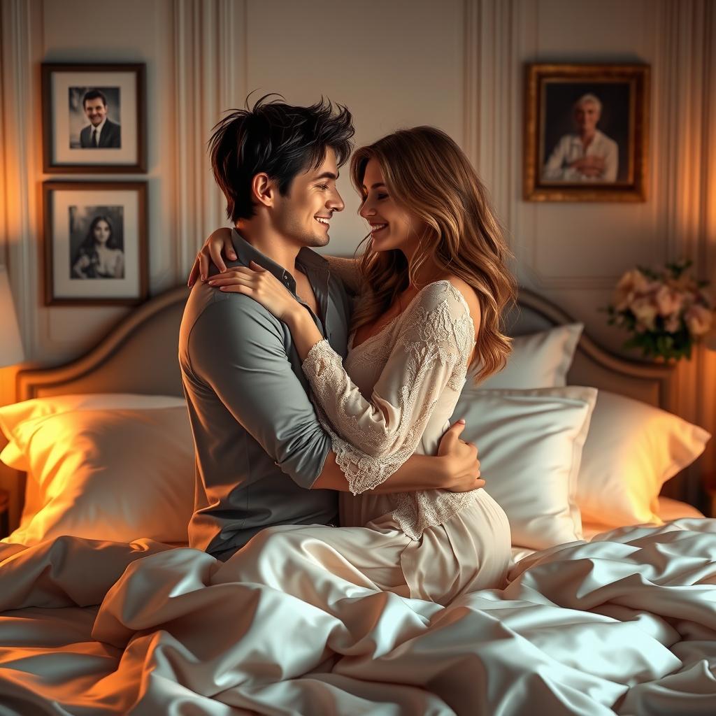 A romantic embrace between a couple in an elegant bedroom