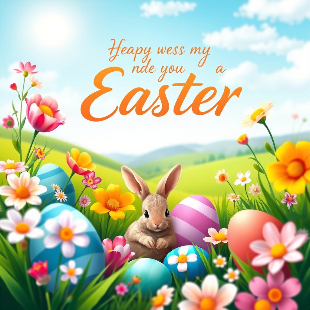 A vibrant Easter card design featuring colorful Easter eggs, blooming flowers, and a serene landscape with a bright sun shining