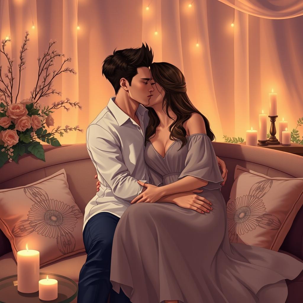 A young couple deeply in love, sharing a passionate moment together in a cozy, intimate setting