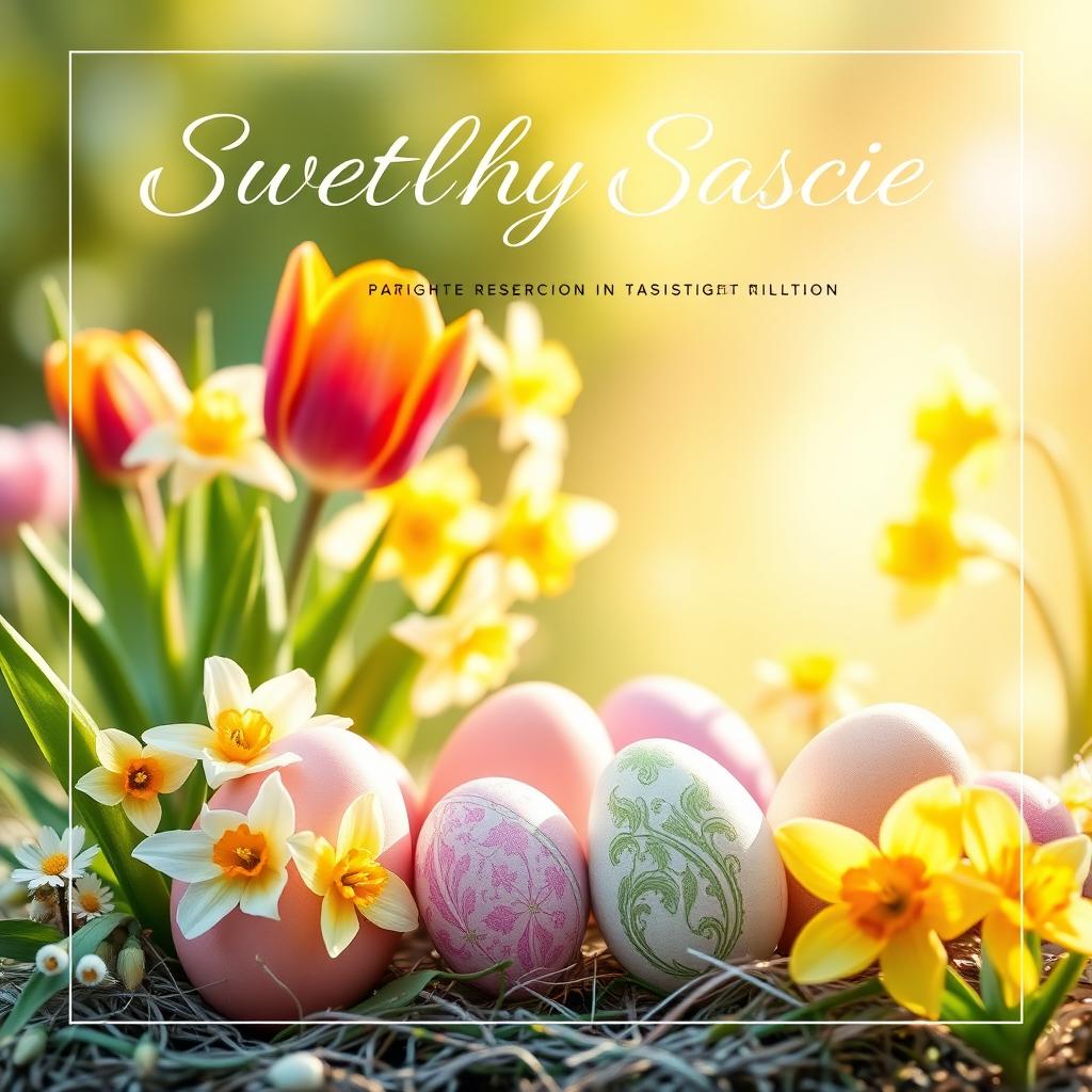 A beautifully designed Easter greeting card celebrating the Bright Resurrection, featuring vibrant spring flowers like tulips and daffodils, painted eggs in pastel colors, and a gentle, warm sunlight illuminating the scene