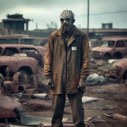 An aged junkyard worker clothed in heavily-worn and stained attire, standing amidst a cluttered and decayed junkyard, with elements that trigger trypophobia like patterns in rusted holes or deteriorating materials.