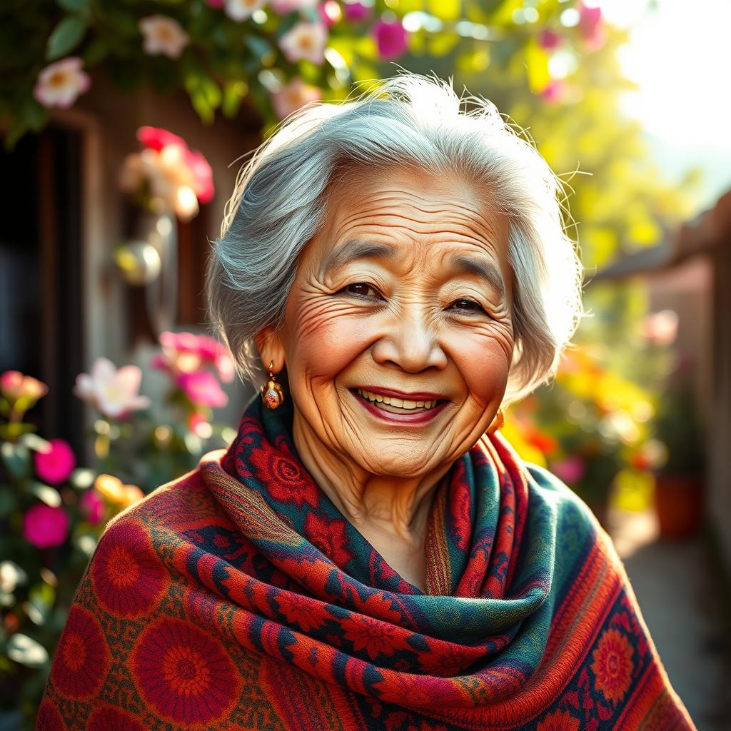 A beautiful elderly woman wearing a colorful rebozo, with a warm smile and expressive eyes