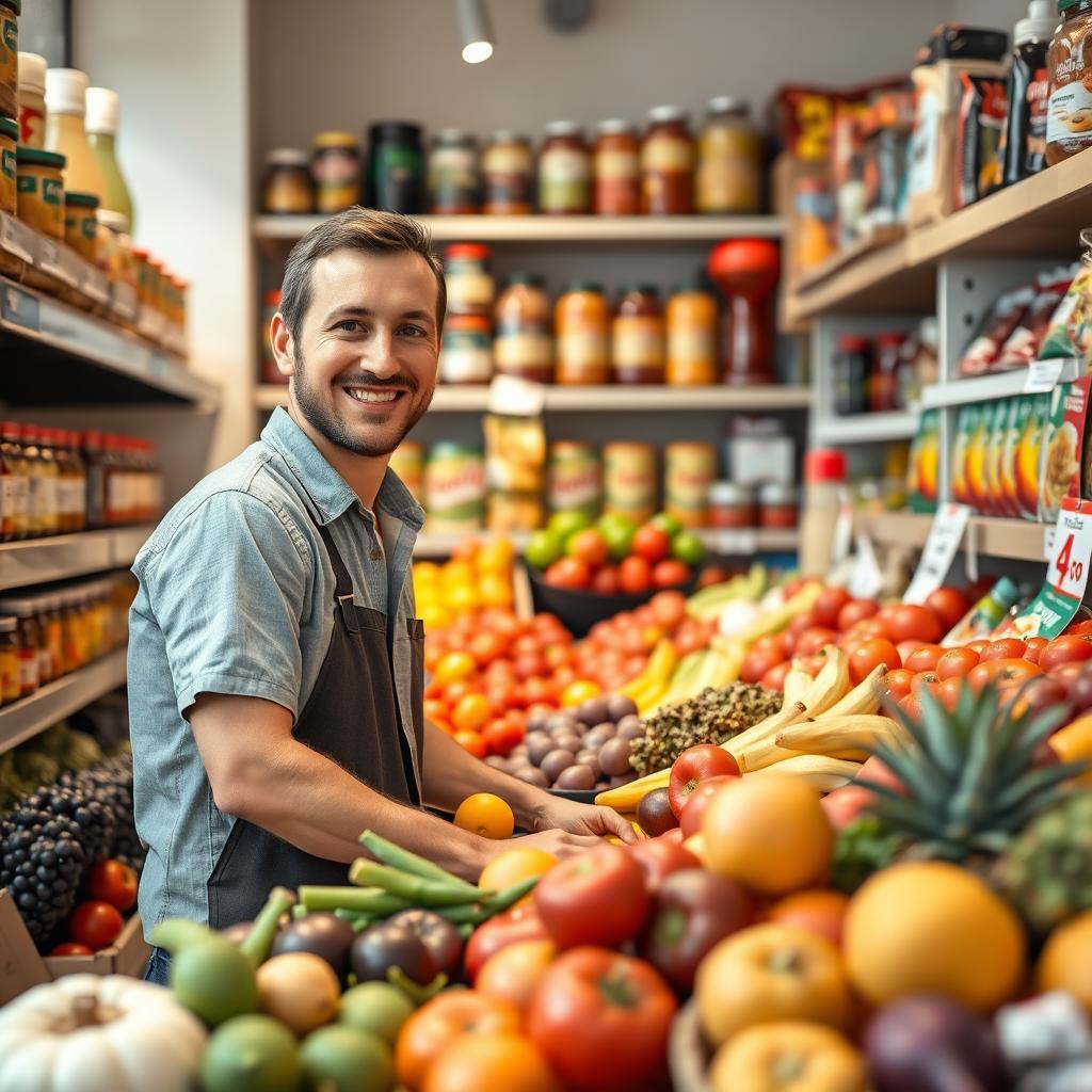 A portrait of a man standing in a vibrant grocery store, surrounded by colorful fruits and vegetables, showcasing his friendly demeanor as he arranges fresh produce