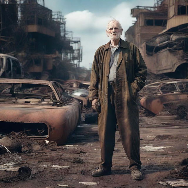 An aged junkyard worker clothed in heavily-worn and stained attire, standing amidst a cluttered and decayed junkyard, with elements that trigger trypophobia like patterns in rusted holes or deteriorating materials.