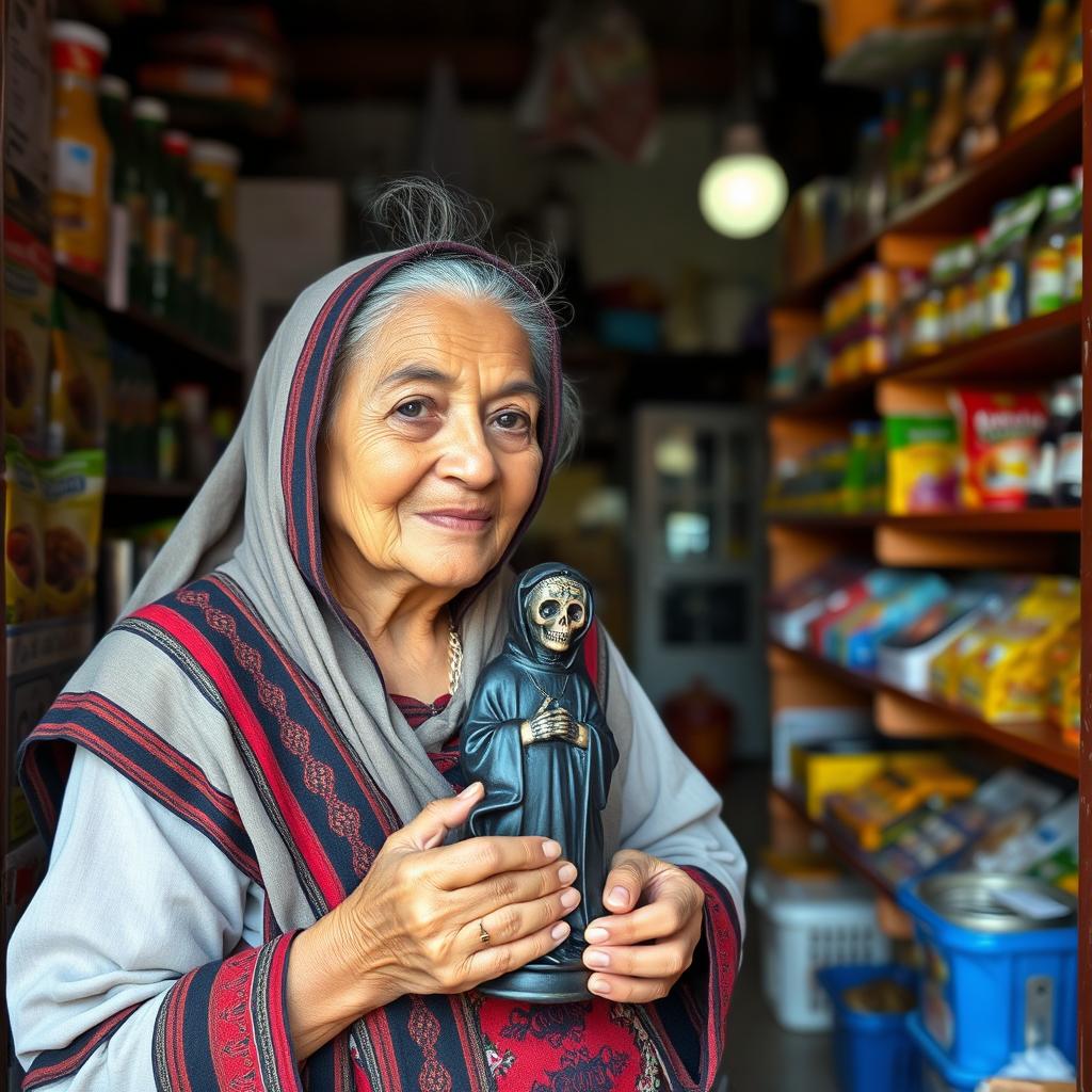 An elderly woman wearing a traditional rebozo enters a small grocery store