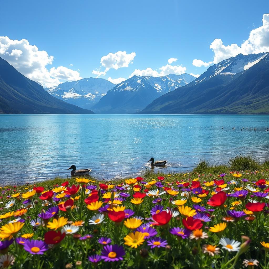 A crystal-clear lake surrounded by majestic snow-capped mountains under a bright blue sky