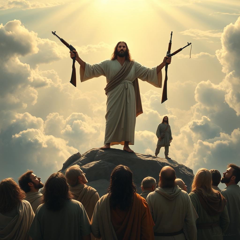 A dramatic scene depicting Jesus, wearing a bandana and holding two rifles, standing triumphantly on top of Mount Sinai, symbolizing his victory over death