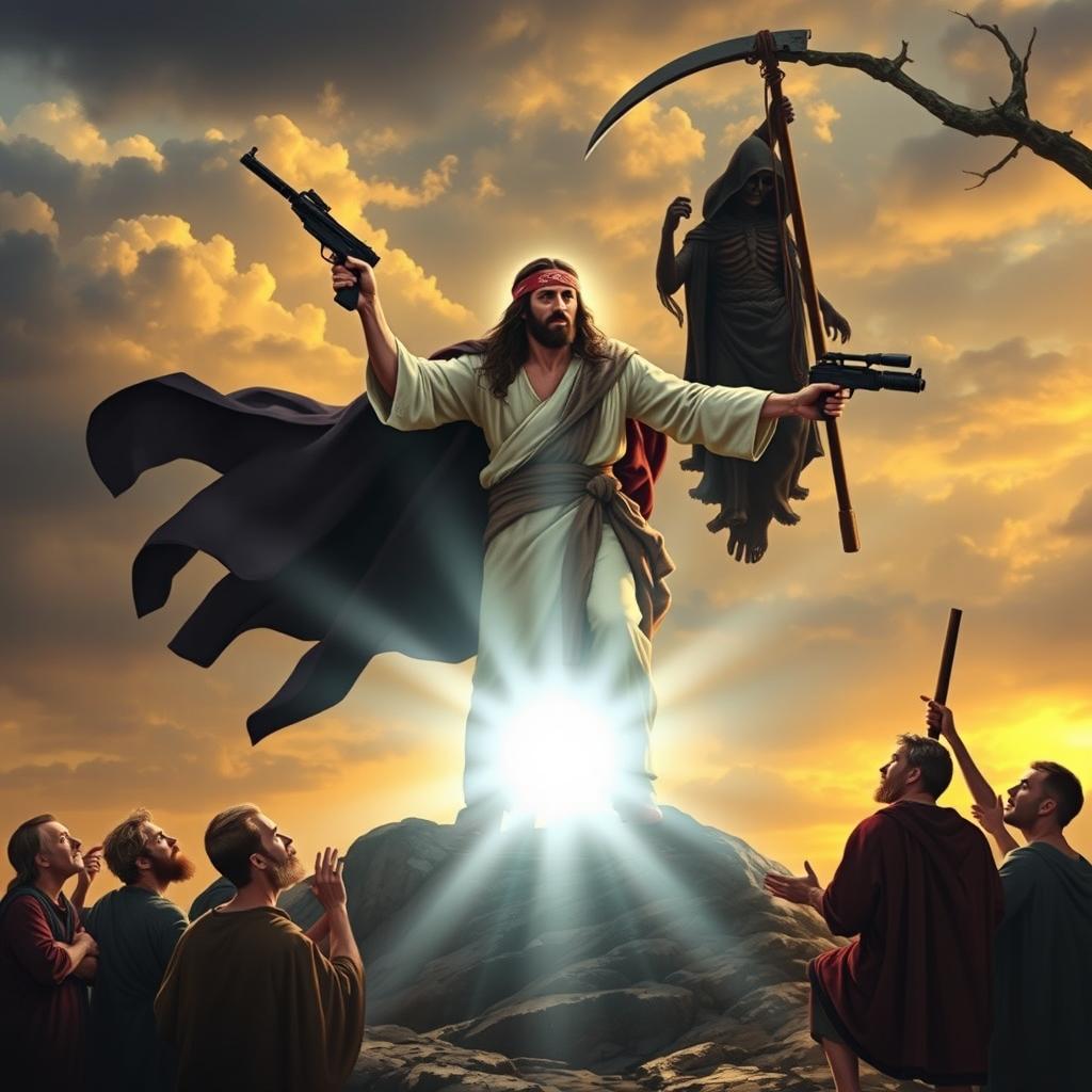 An imaginative depiction of Jesus on top of Mount Sinai, wearing a bandana and holding two submachine guns, triumphantly facing the personification of Death, depicted as a woman in a flowing black cloak, wielding a scythe
