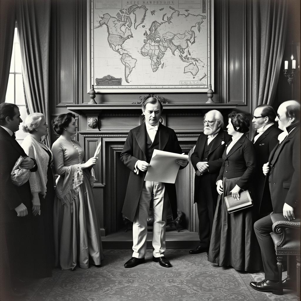 A vintage 1800s black and white photograph capturing a fictional historical meeting of renowned figures