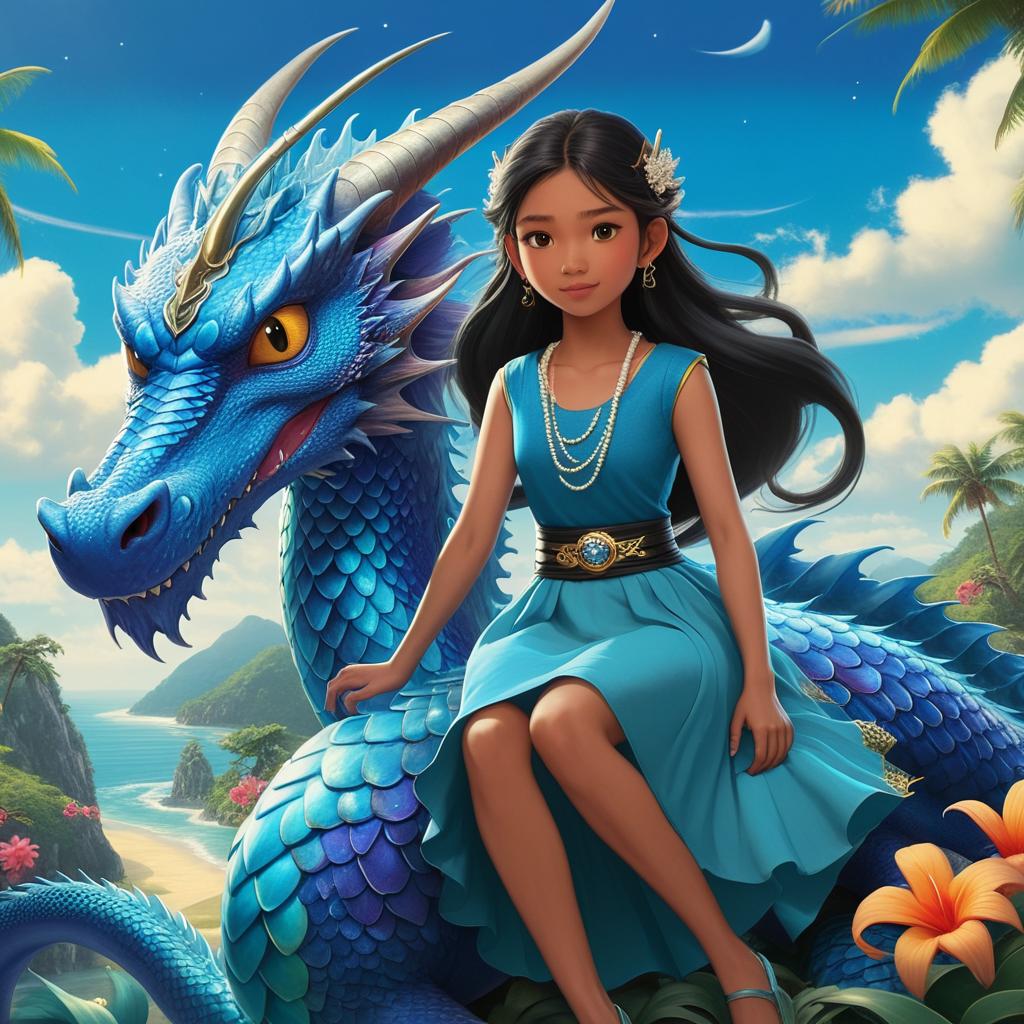 Remove the blue dragon and make her dress sky blue and make the girl stand up
