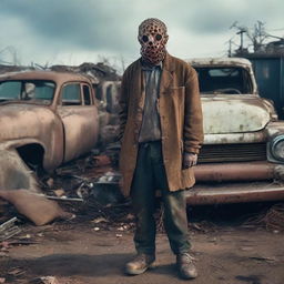 An aged junkyard worker clothed in heavily-worn and stained attire, standing amidst a cluttered and decayed junkyard, with elements that trigger trypophobia like patterns in rusted holes or deteriorating materials.