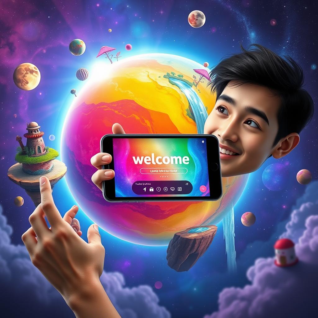 A magical planet with vibrant colors and whimsical landscapes, featuring a person holding a futuristic smartphone