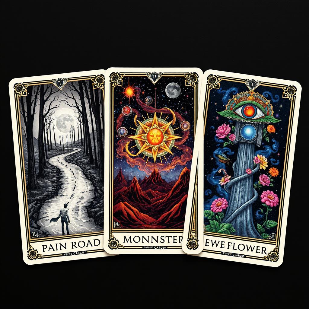 A set of three professional tarot cards arranged horizontally, each card featuring unique and intricate designs