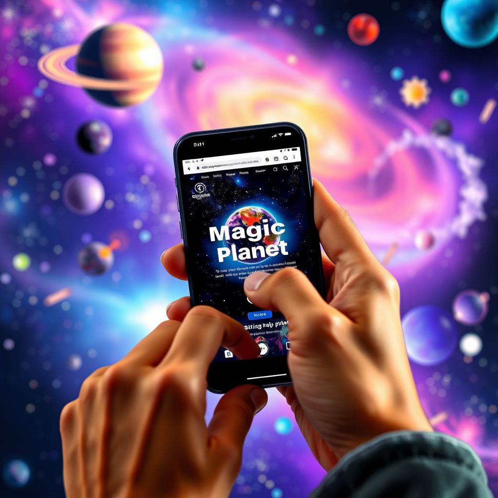 A person holding a smartphone featuring a website named 'Magic Planet' on the screen