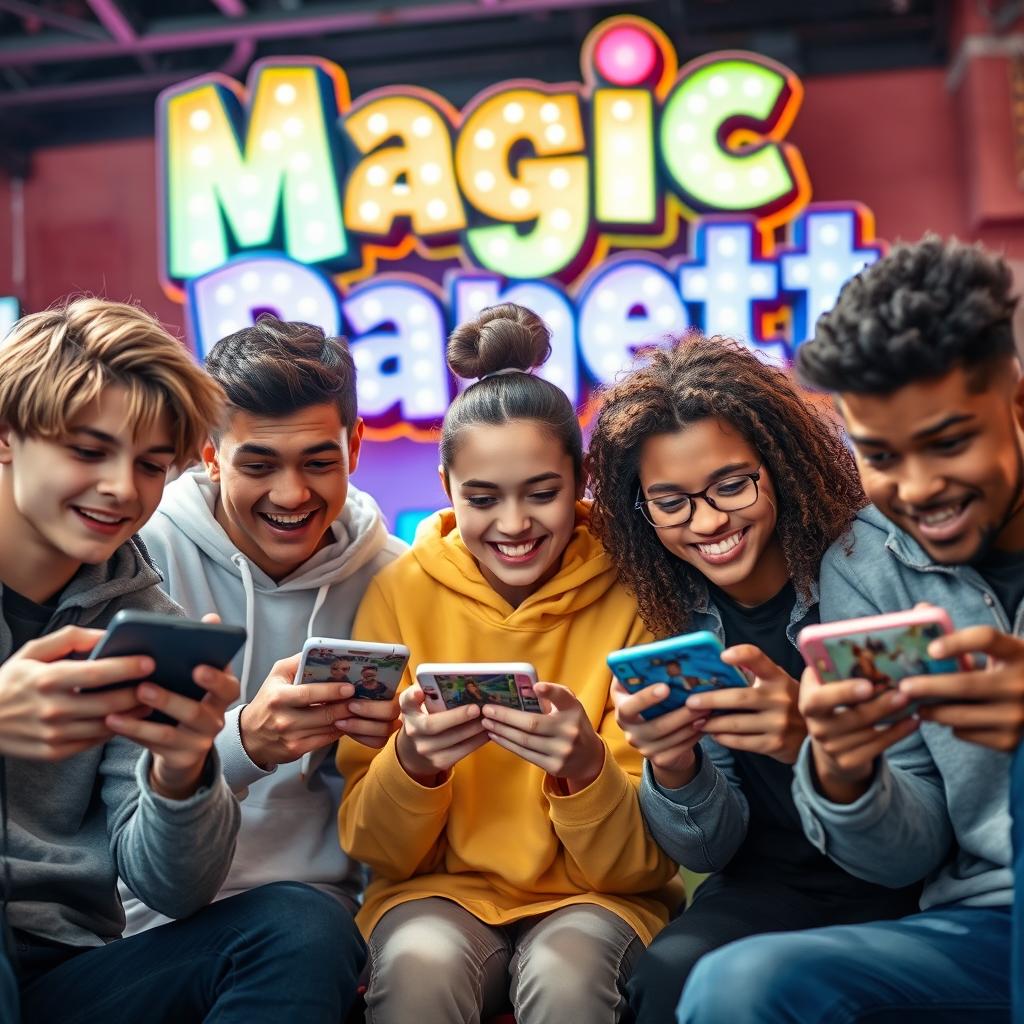 A group of young friends playing battle royale games on their mobile phones, fully engaged and enjoying themselves