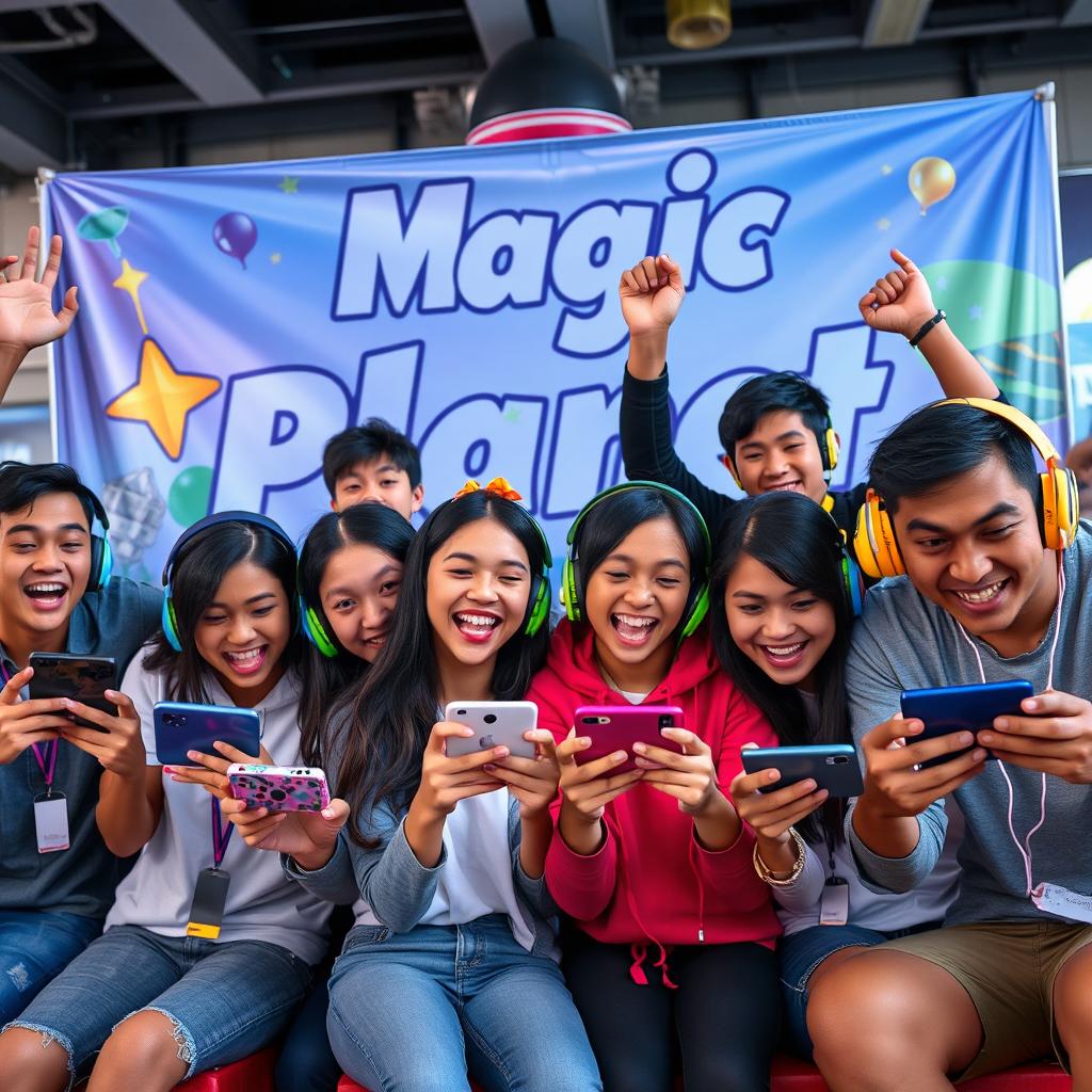 A group of young adults enthusiastically playing battle royale mobile games, fully immersed and enjoying themselves