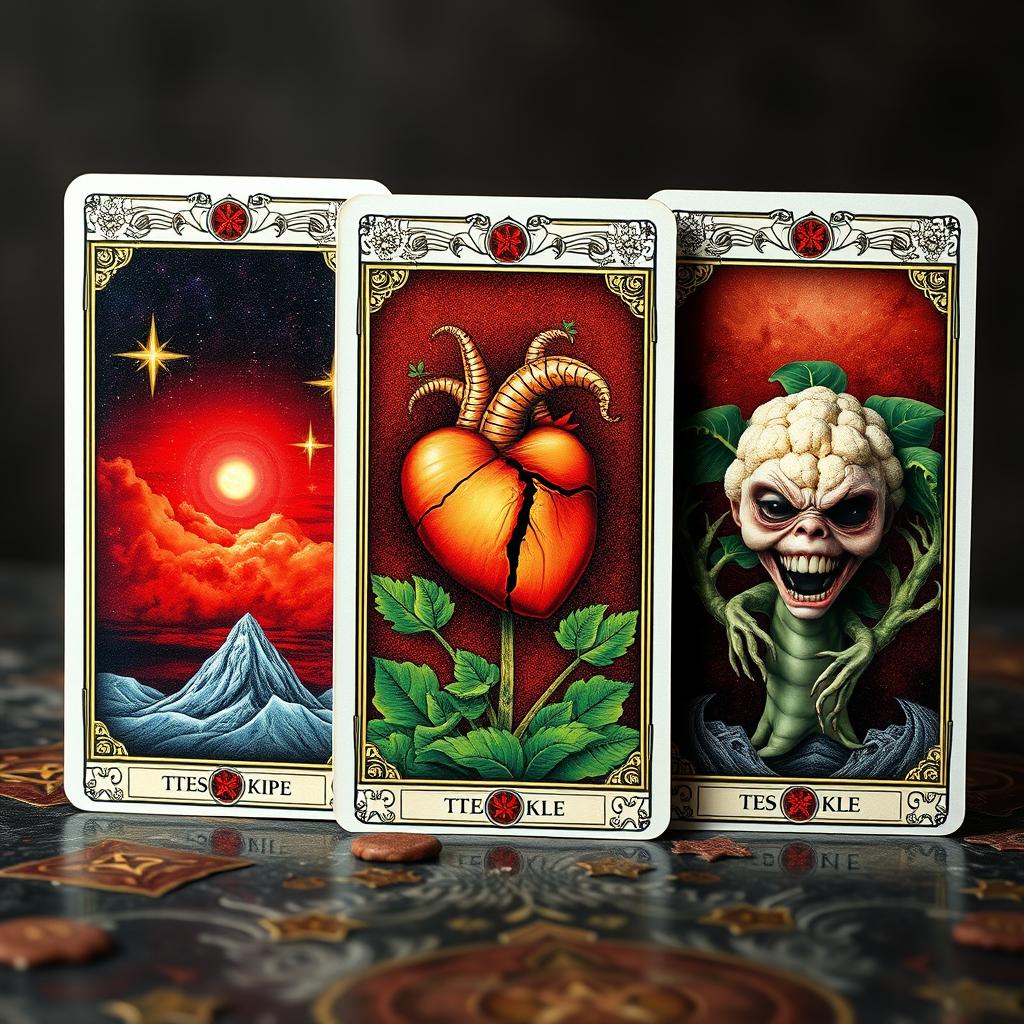 A collection of three professional tarot cards displayed horizontally, showcasing distinct and imaginative themes